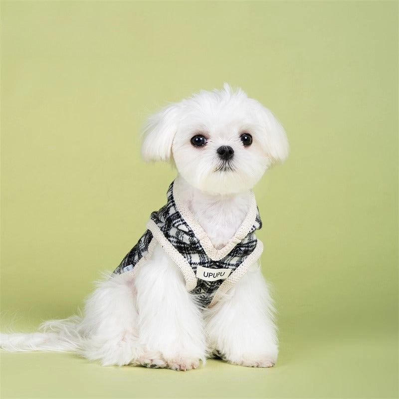 Warm Bow & Grid Dog Hoodie Sweater