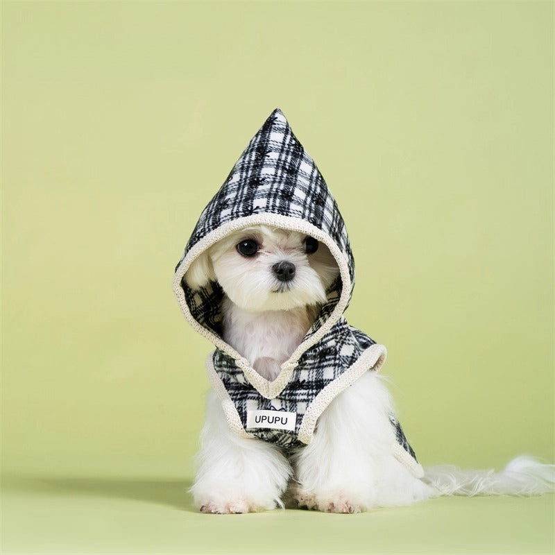 Warm Bow & Grid Dog Hoodie Sweater