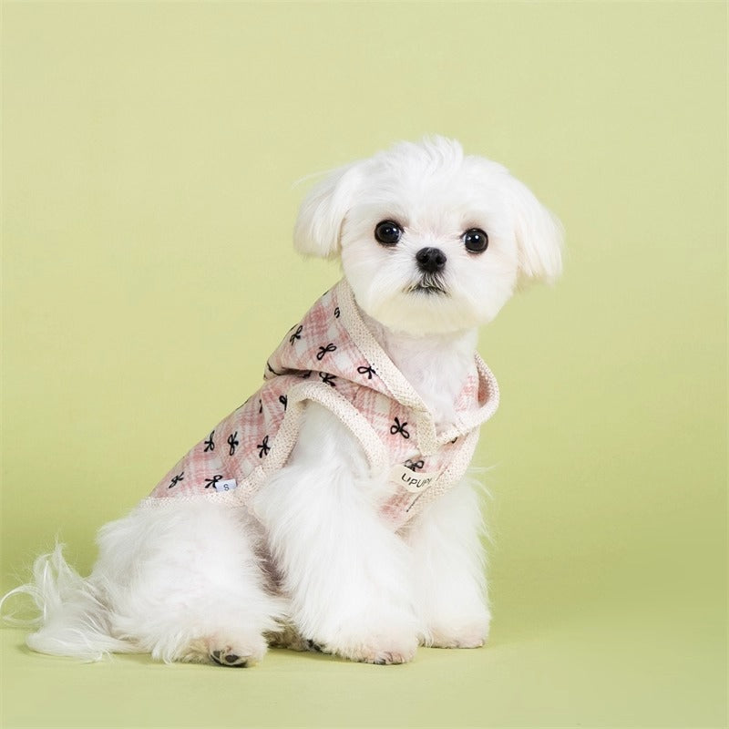 Warm Bow & Grid Dog Hoodie Sweater