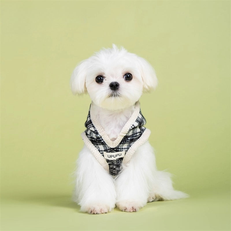 Warm Bow & Grid Dog Hoodie Sweater