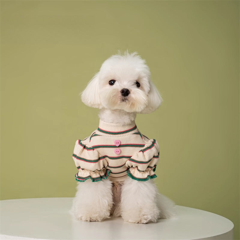 Puffed-Sleeve Stripe Dog Shirt Beige / XL