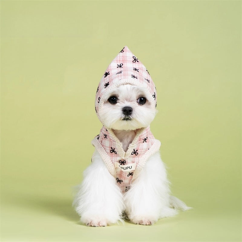 Warm Bow & Grid Dog Hoodie Sweater